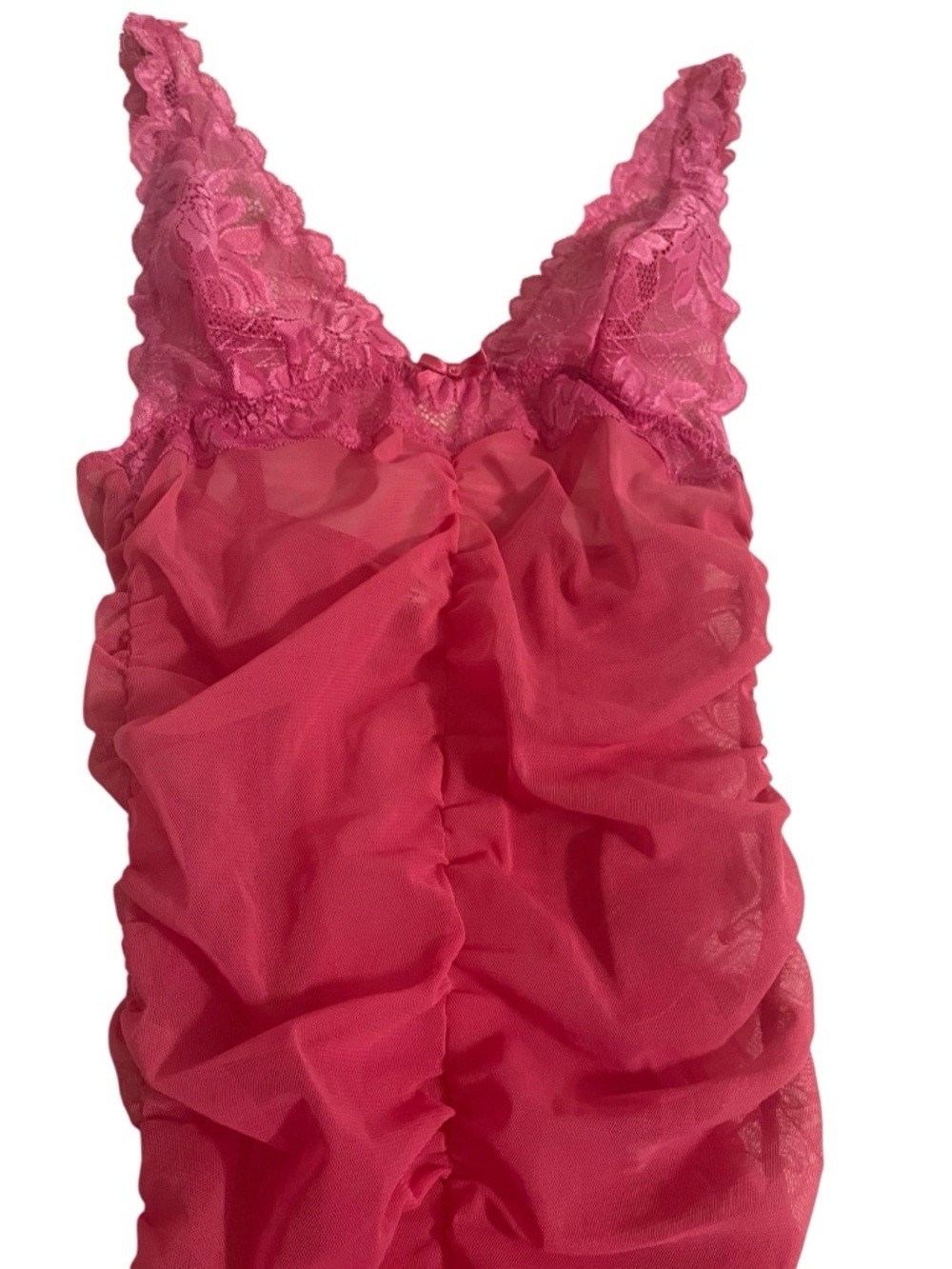 Y2K Pink Sheer Lace Babydoll Slip Dress Mesh Ruched Coquette Medium